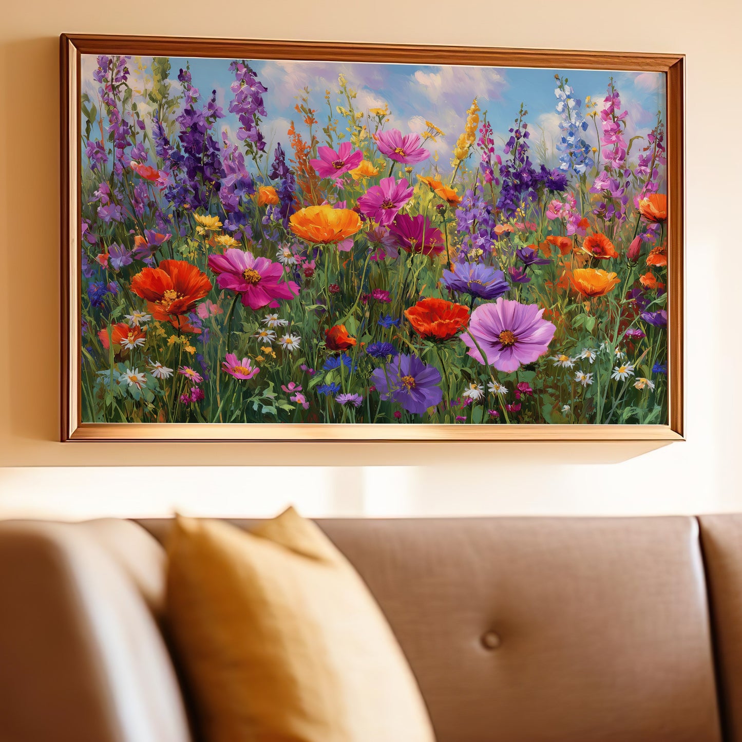 Vibrant floral painting above a brown leather couch with yellow pillows.