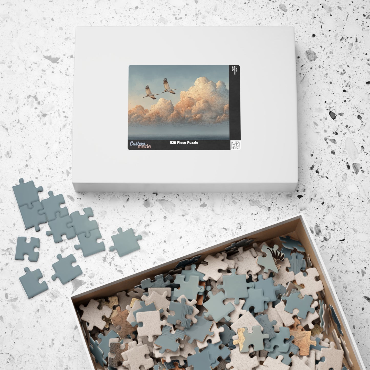 Soaring Cranes Over Cloudscape Jigsaw Puzzle — Calming Sky Art Puzzle 520/1014 pcs)