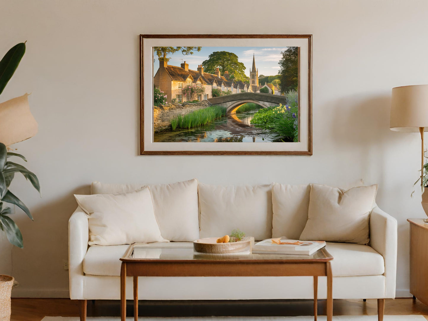 Framed print of a picturesque village scene with a stone bridge over a stream.