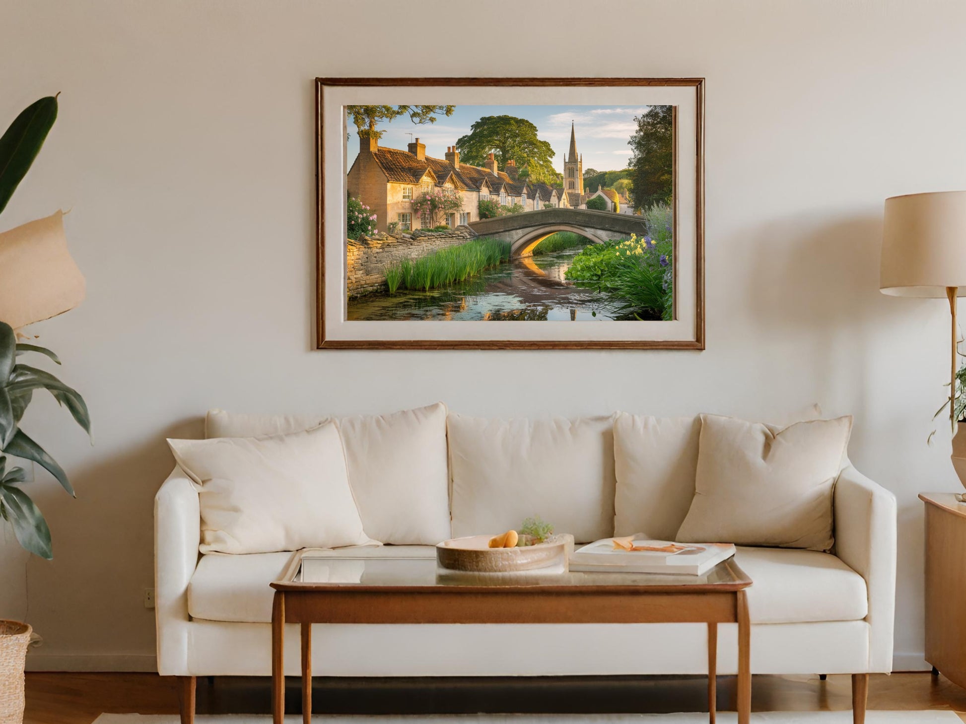Framed print of a picturesque village scene with a stone bridge over a stream.