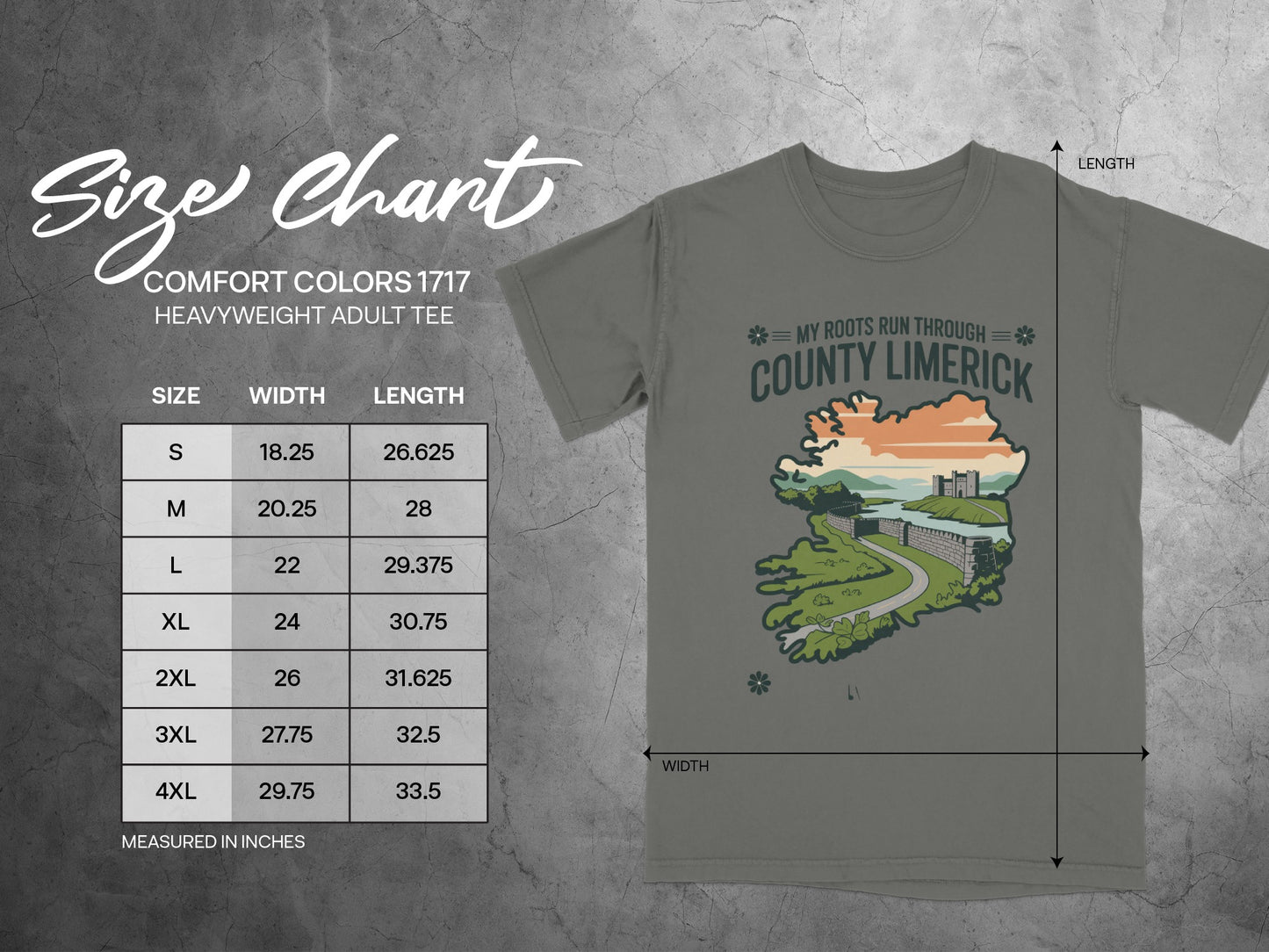 Size chart for a grey Comfort Colors 1717 heavyweight adult tee with a County Limerick graphic.