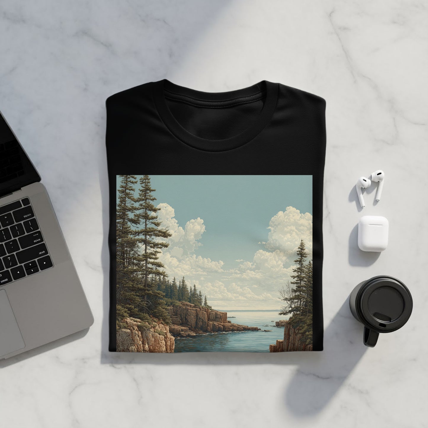 Beautiful Coastal Landscape Design on Black T-shirt