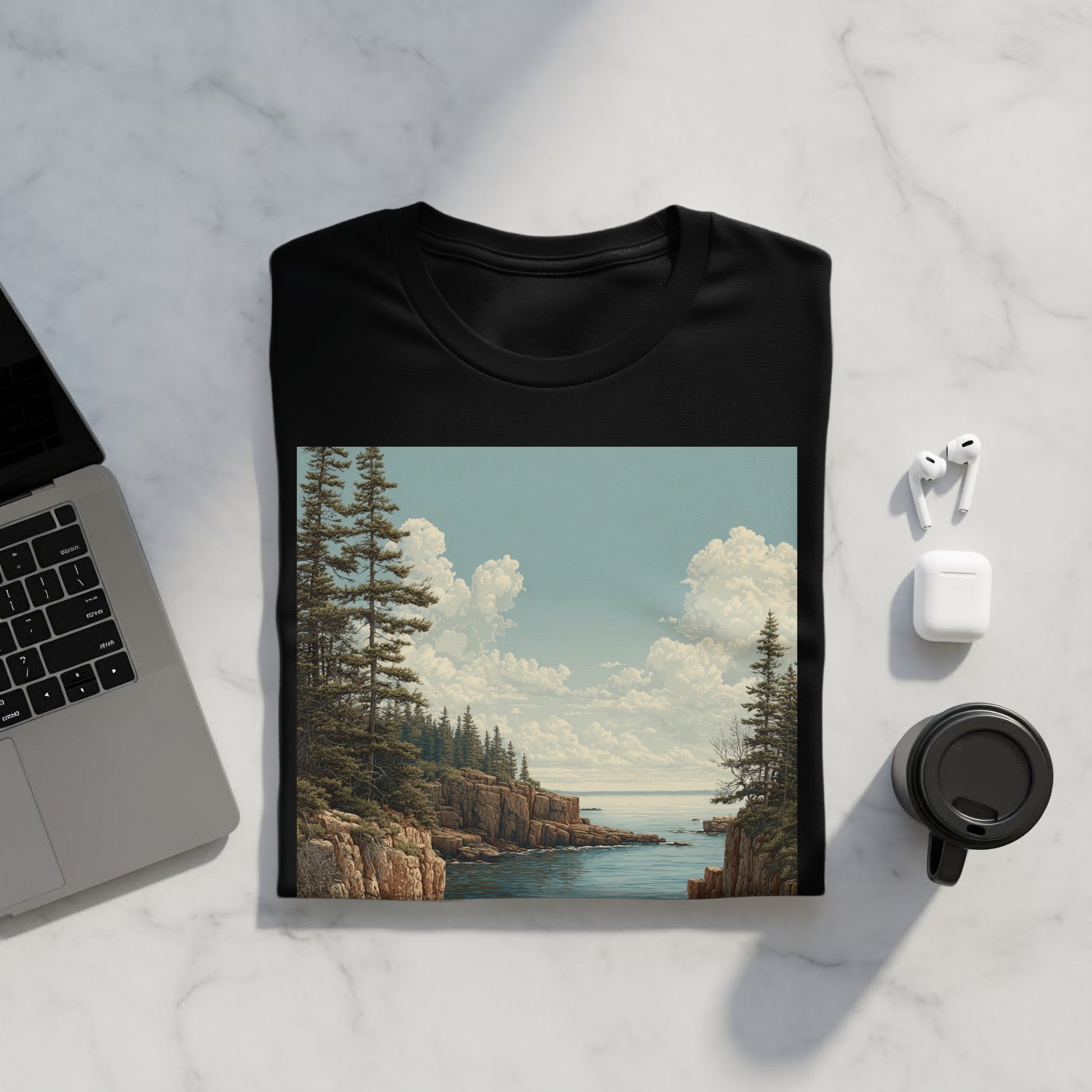 Beautiful Coastal Landscape Design on Black T-shirt