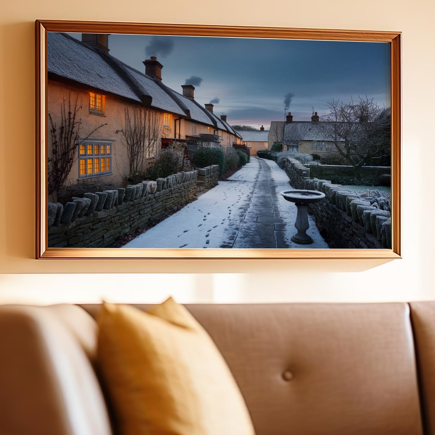 Snow-covered village scene with lit cottage windows and stone walls at dusk.