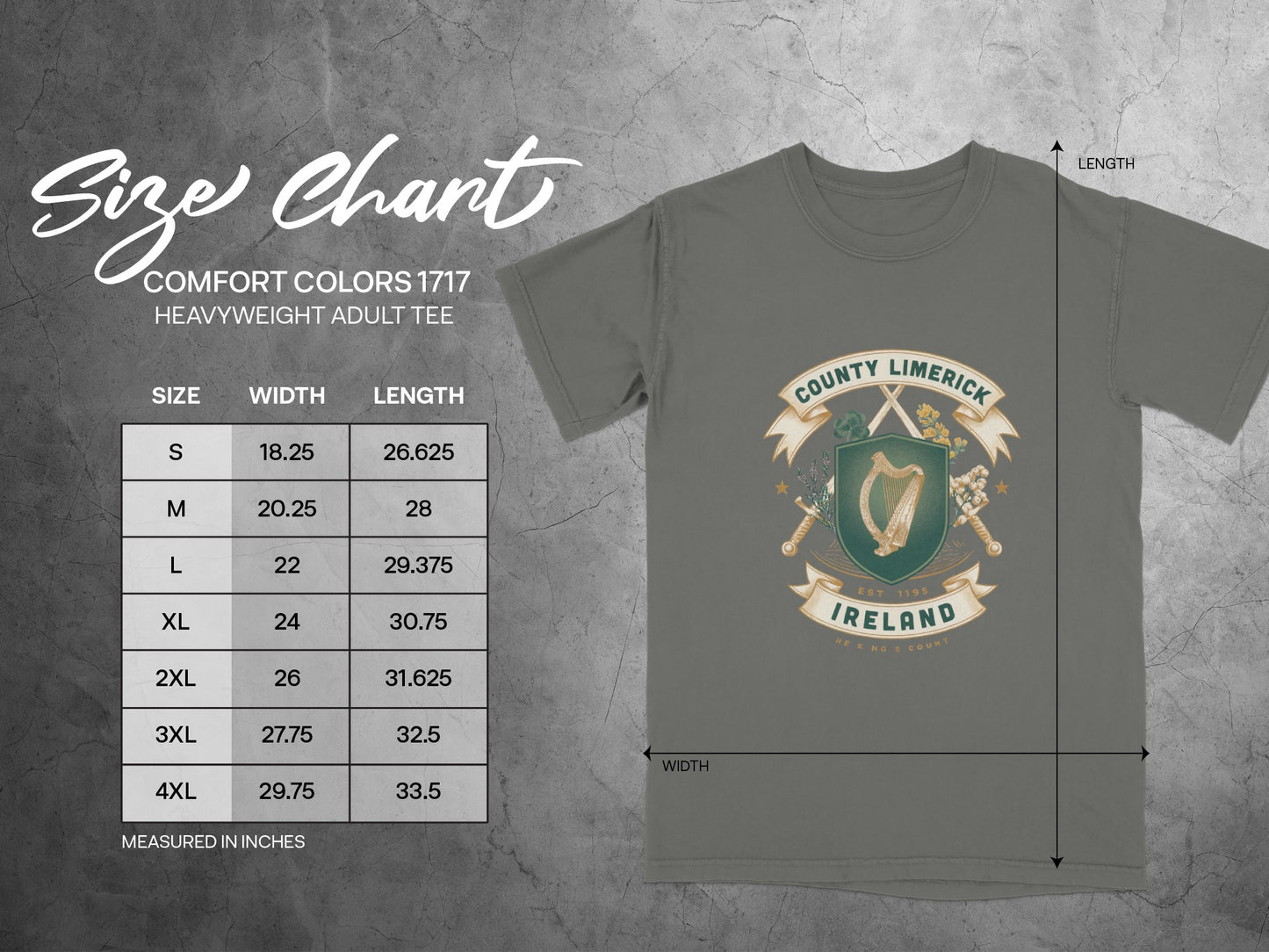 Comfort Colors 1717 heavyweight adult tee size chart with width and length measurements.