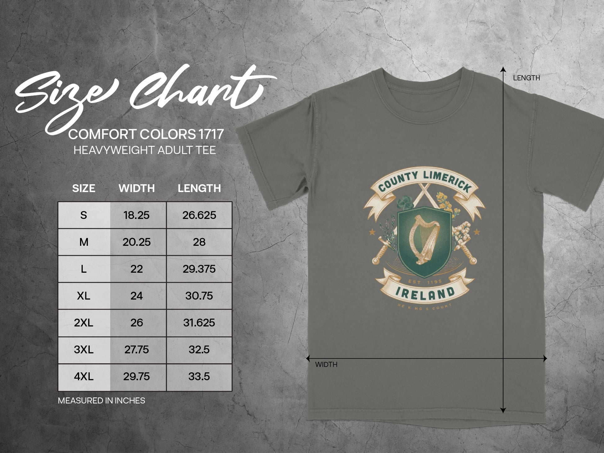 Comfort Colors 1717 heavyweight adult tee size chart with width and length measurements.