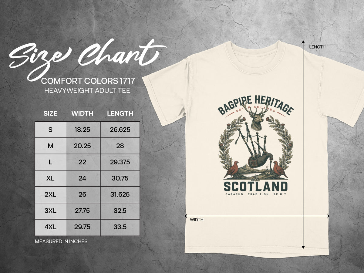 Size chart for Comfort Colors 1717 heavyweight adult tee with width and length measurements.