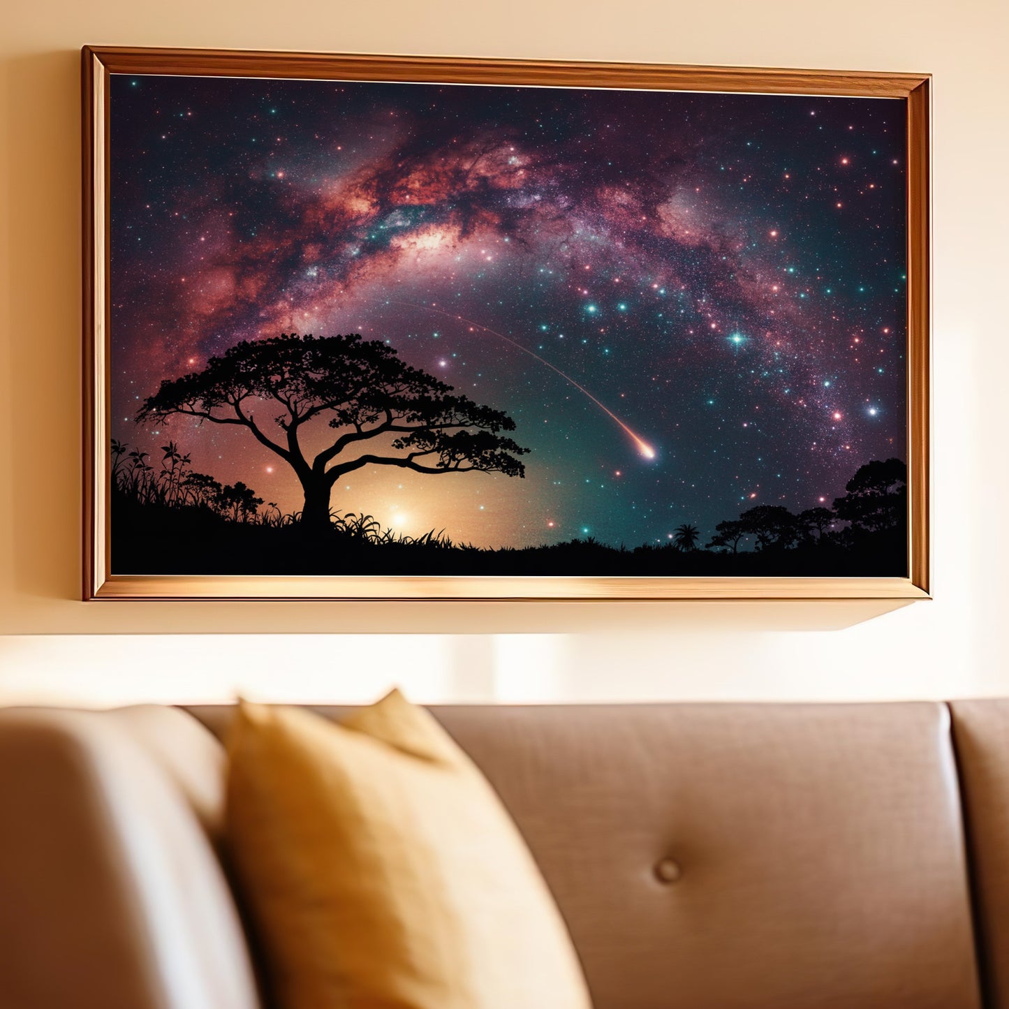 Night sky painting with Milky Way, shooting star, silhouetted tree, and landscape.