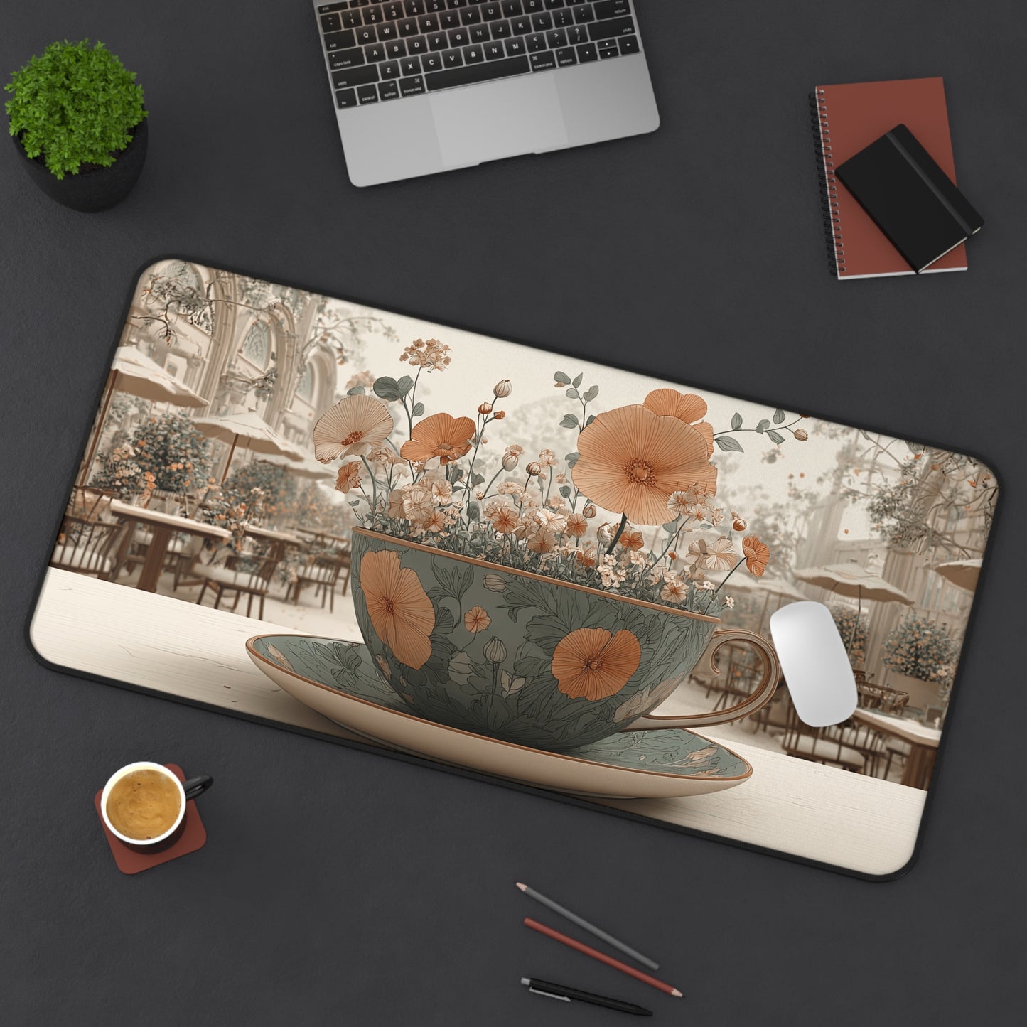 Vintage Tea Cup Floral Desk Mat — Cafe-inspired Desktop Mouse Pad
