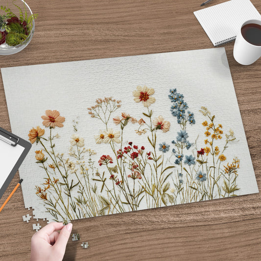 Puzzle featuring a detailed illustration of wildflowers on a wooden table.
