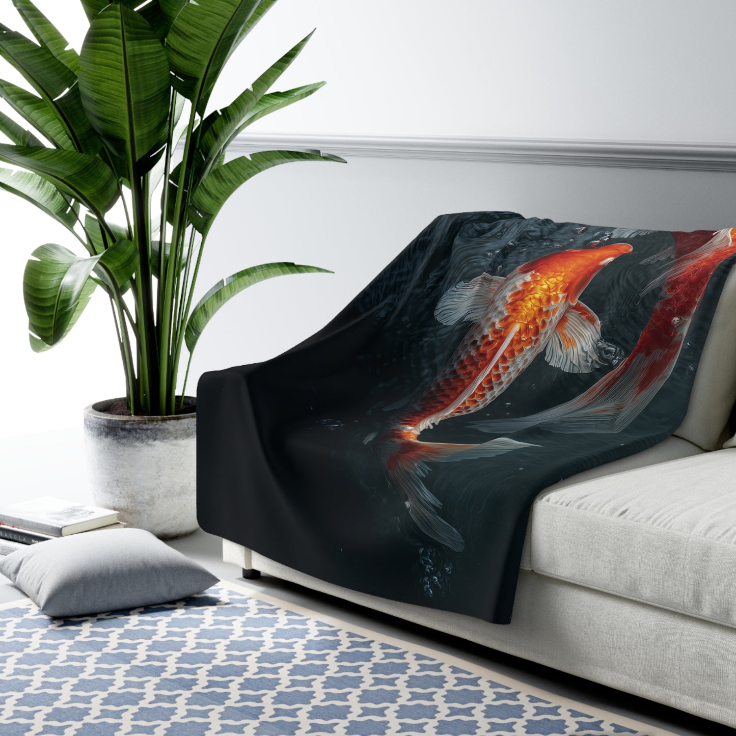Koi Pond sherpa blanket — orange koi fleece throw, zen garden decor, nature lover gift, cozy home