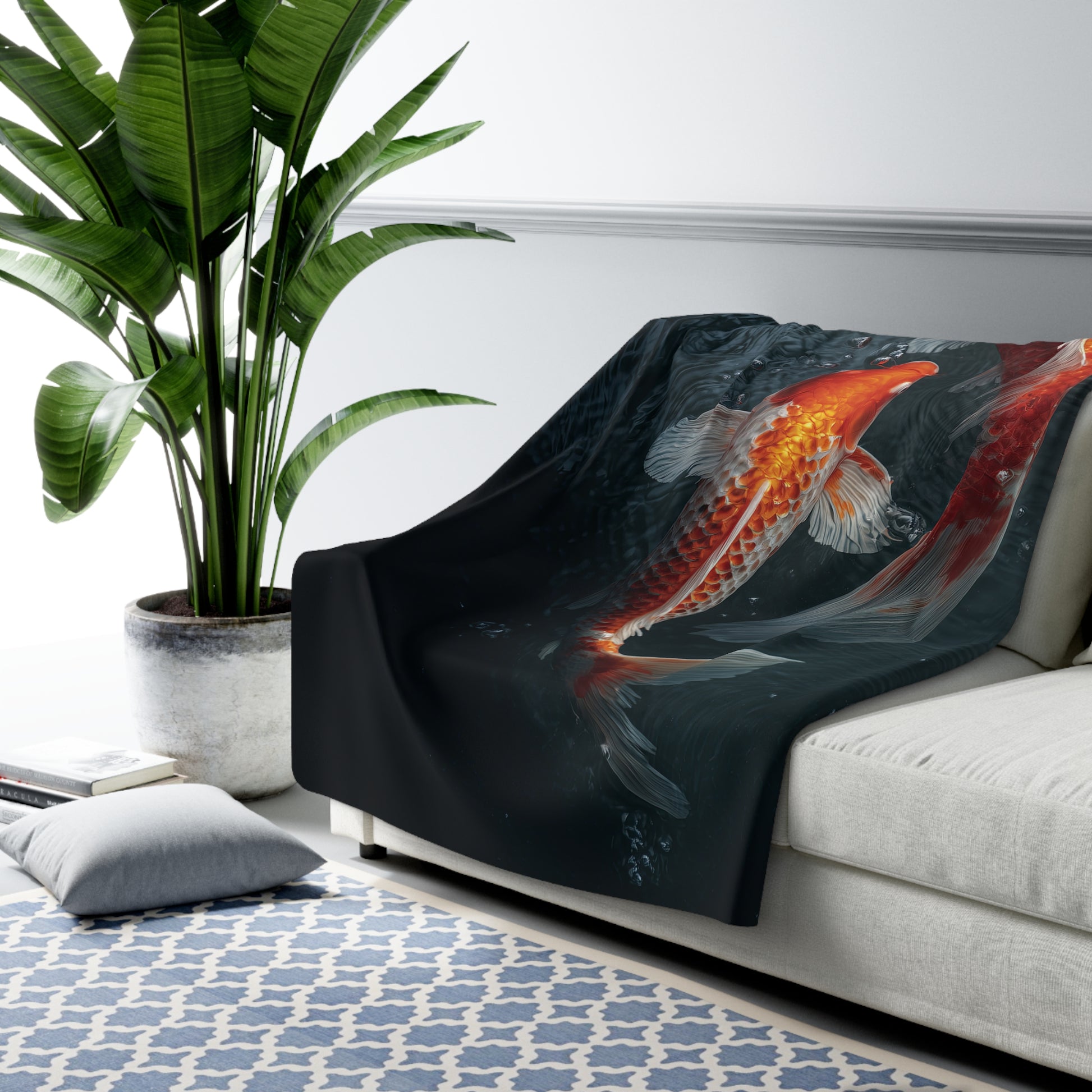 Koi Pond sherpa blanket — orange koi fleece throw, zen garden decor, nature lover gift, cozy home
