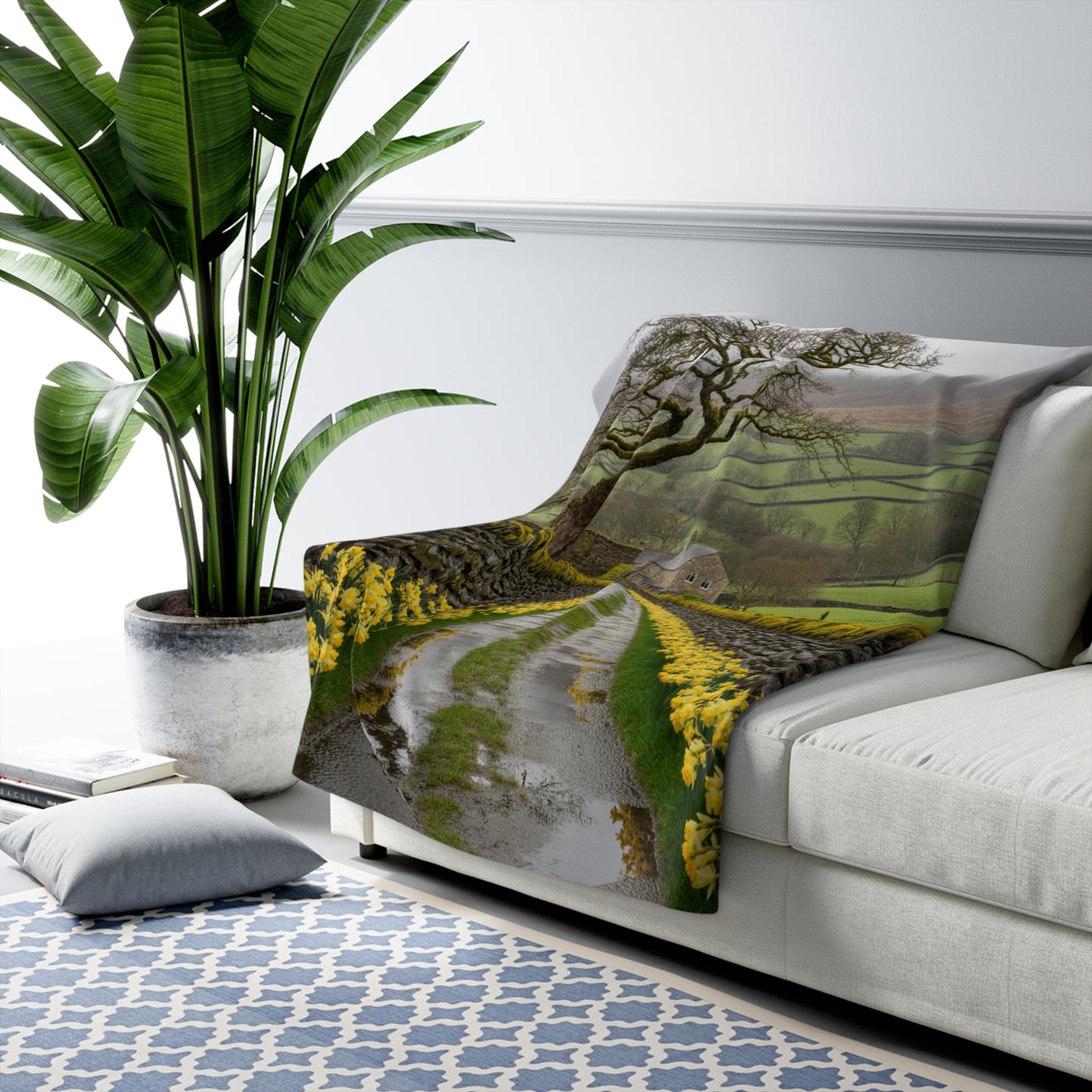 English Countryside Sherpa Blanket — Daffodil Lane & Misty Farmhouse Landscape