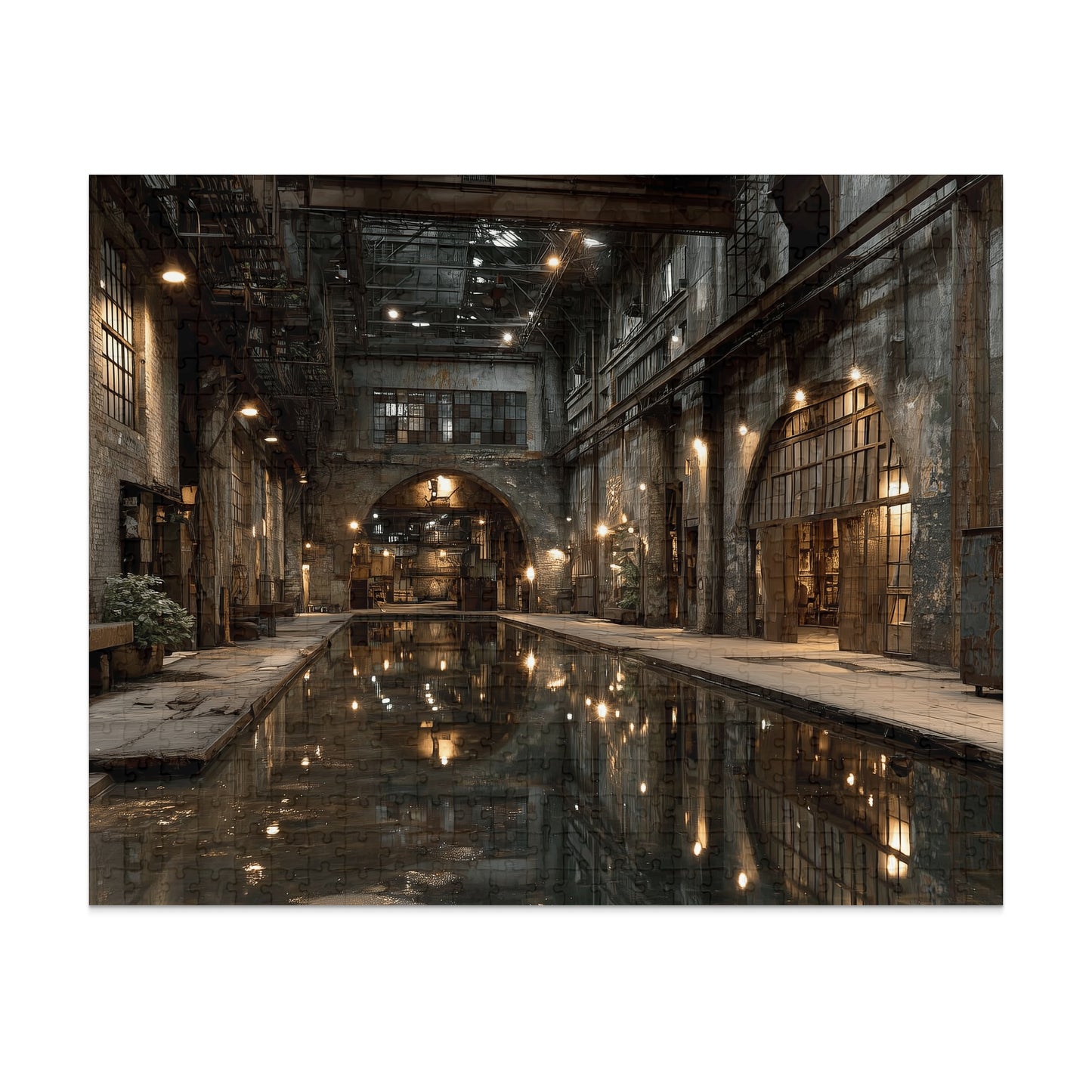 Industrial interior with a pool reflecting lights, creating a moody atmosphere.