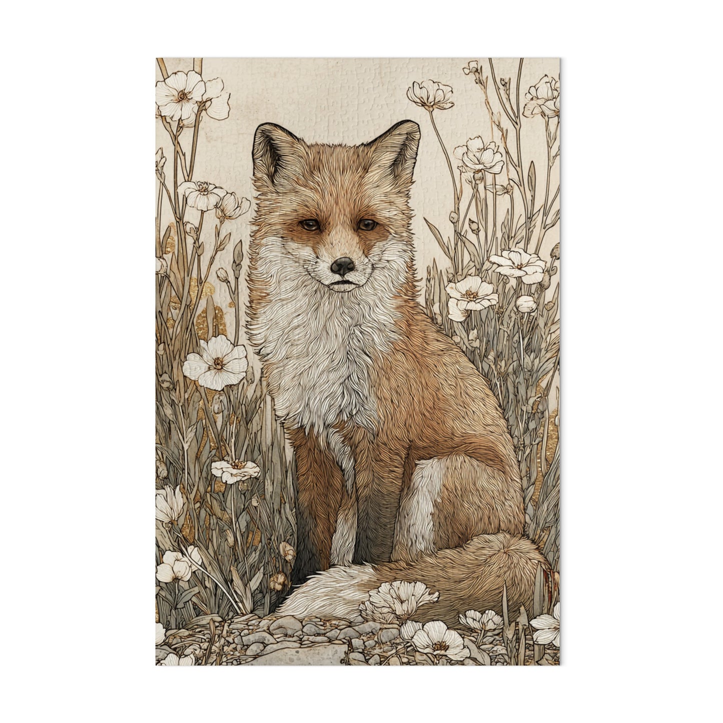 Illustrated Fox in Wildflower Meadow Wall Art