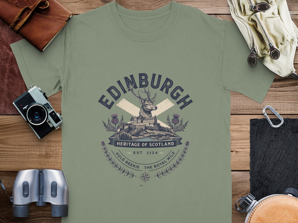 Edinburgh Heritage of Scotland t-shirt with castle, stag, thistles, and compass.