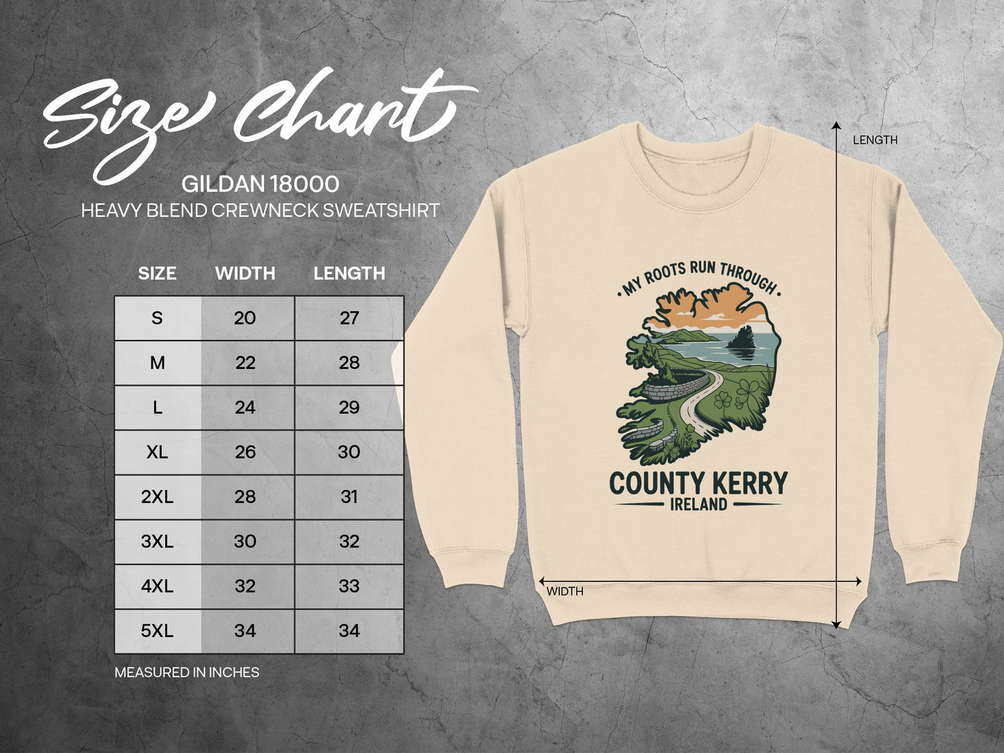 Gildan 18000 size chart for heavy blend crewneck sweatshirt.
