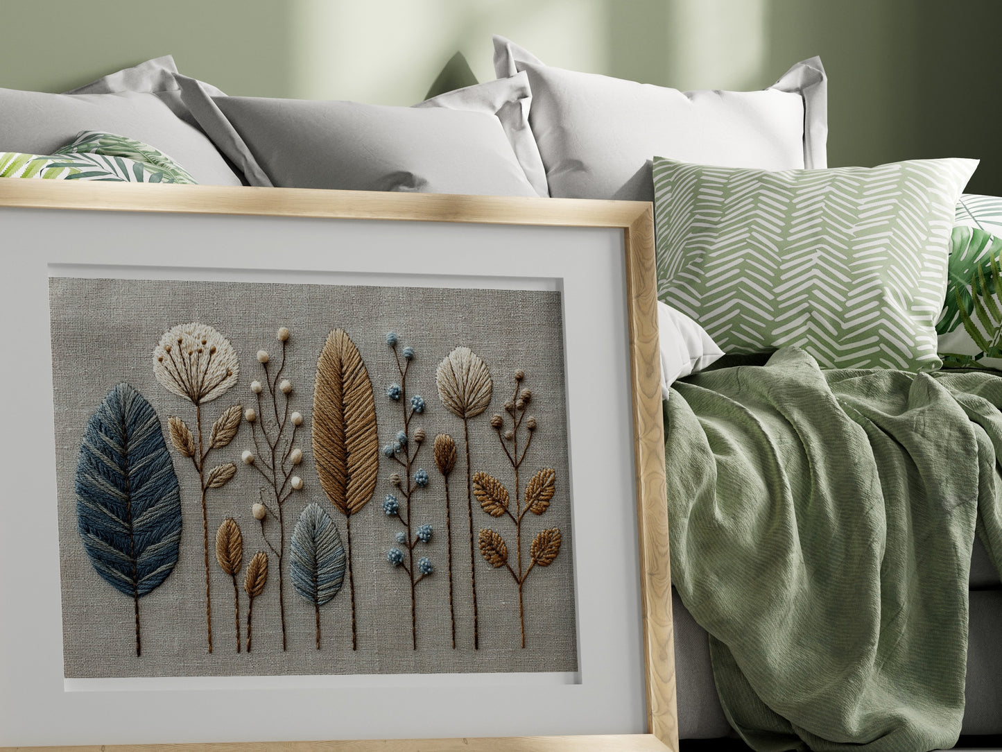 Decorative Embroidered Wall Art with Leaf and Floral Design
