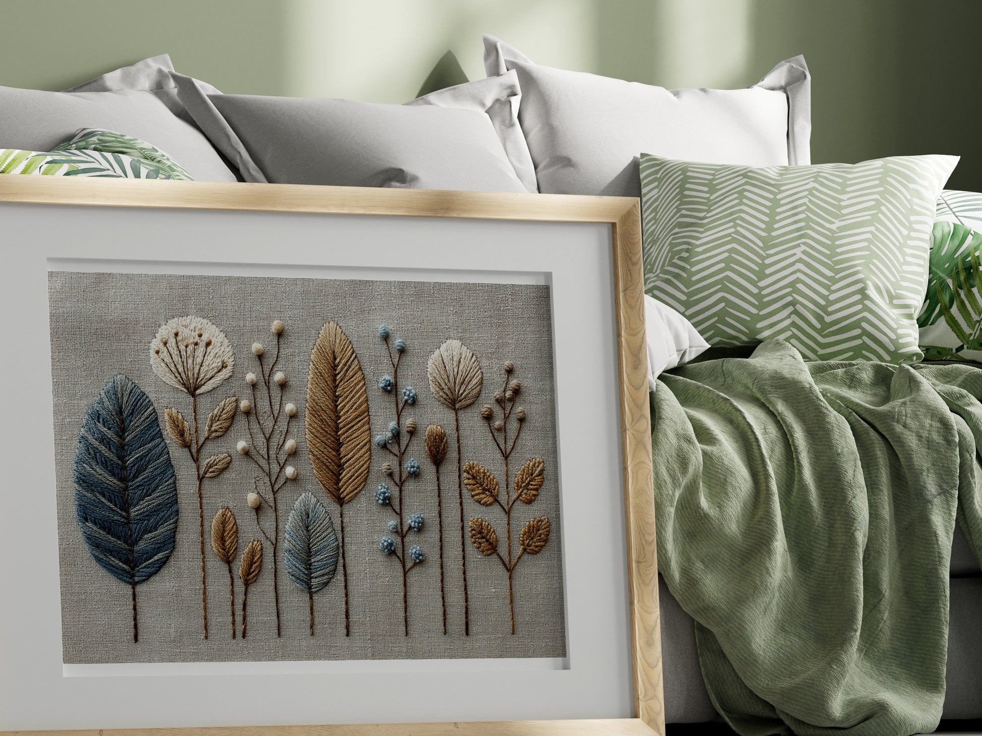 Decorative Embroidered Wall Art with Leaf and Floral Design