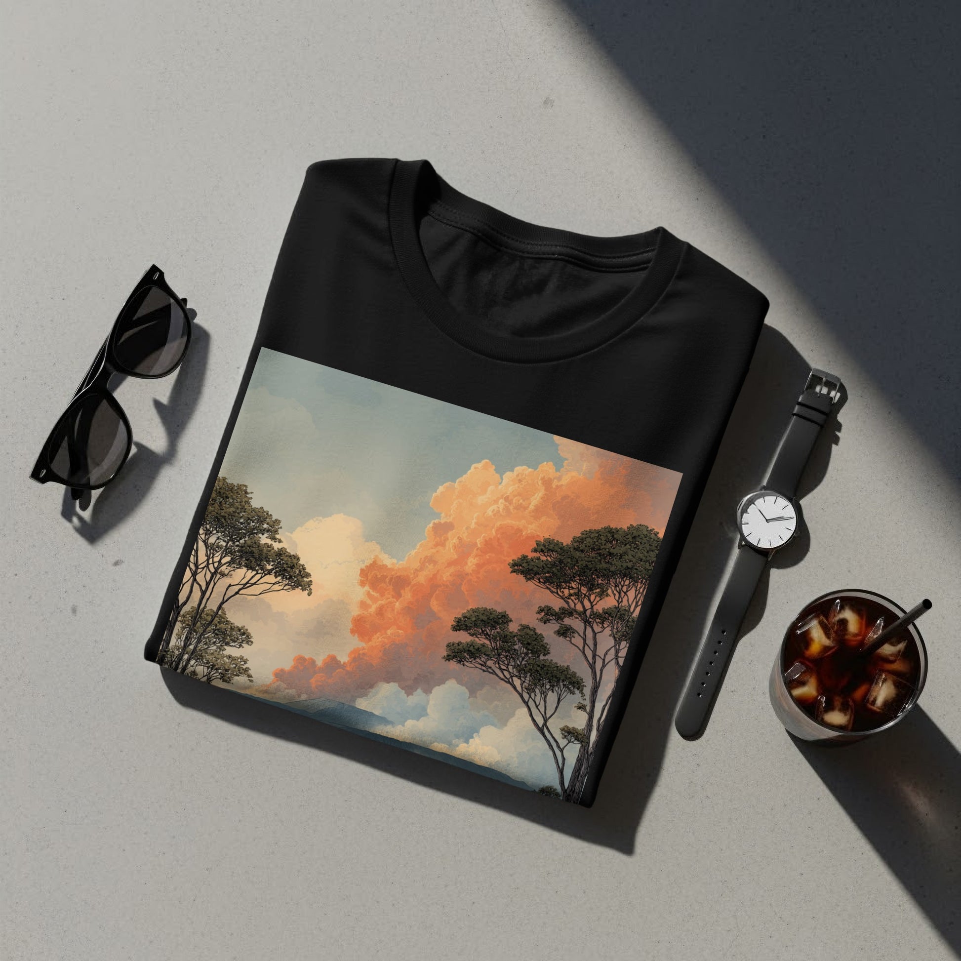 Stylish Black Tee with Serene Sky and Tree Artwork