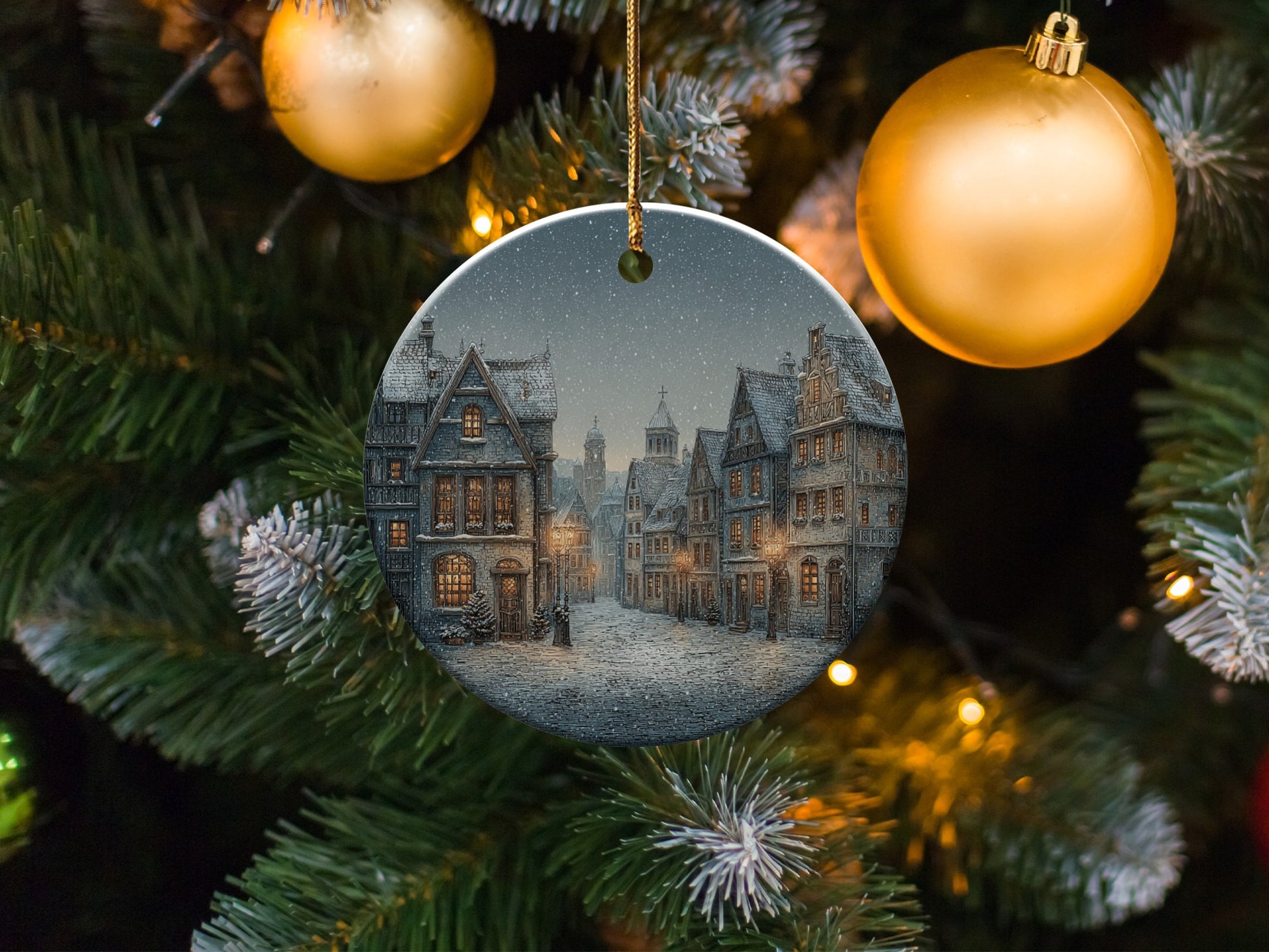 Charming Snowy Village Scene Christmas Ornament