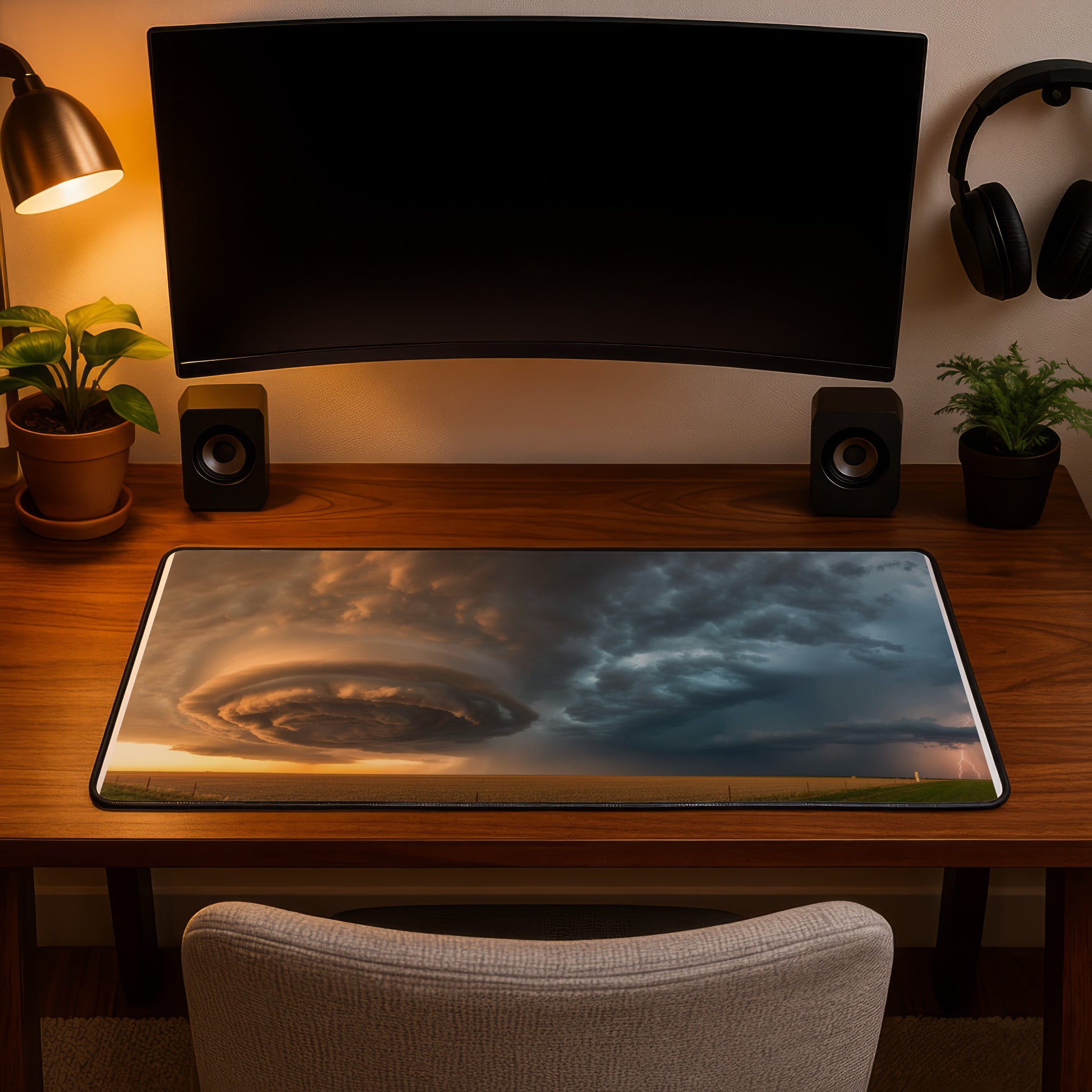 Large desk mat featuring a stormy sky with a supercell thunderstorm and lightning.