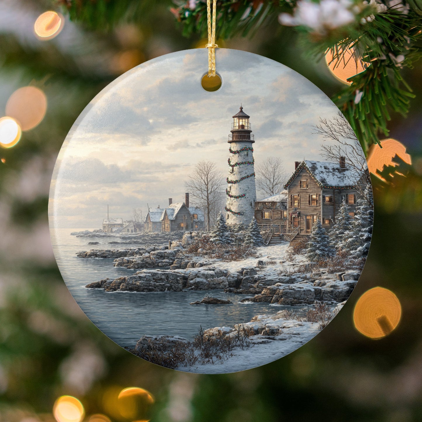 Peaceful Snowy Lighthouse Scene Ornament
