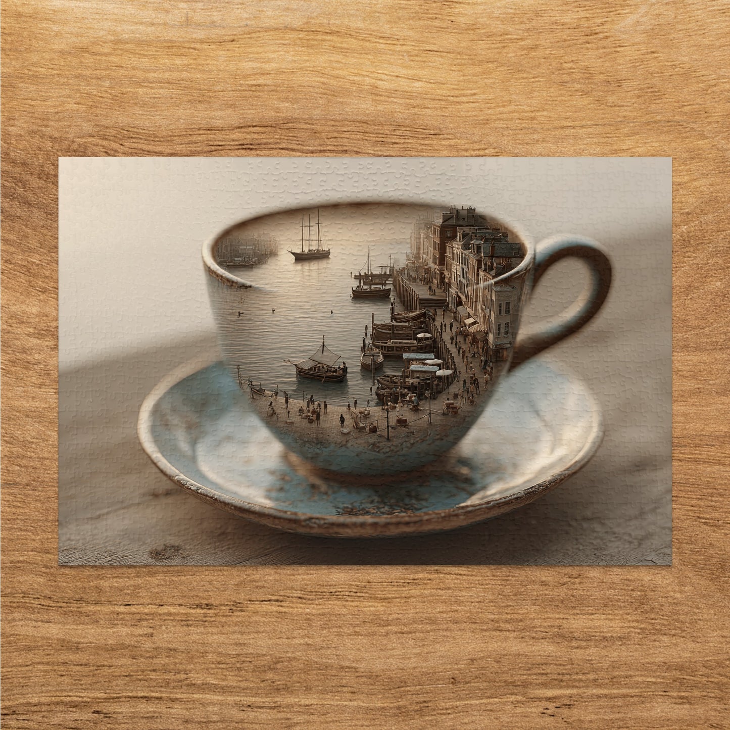 Victorian harbor scene with ships and buildings reflected in a teacup.