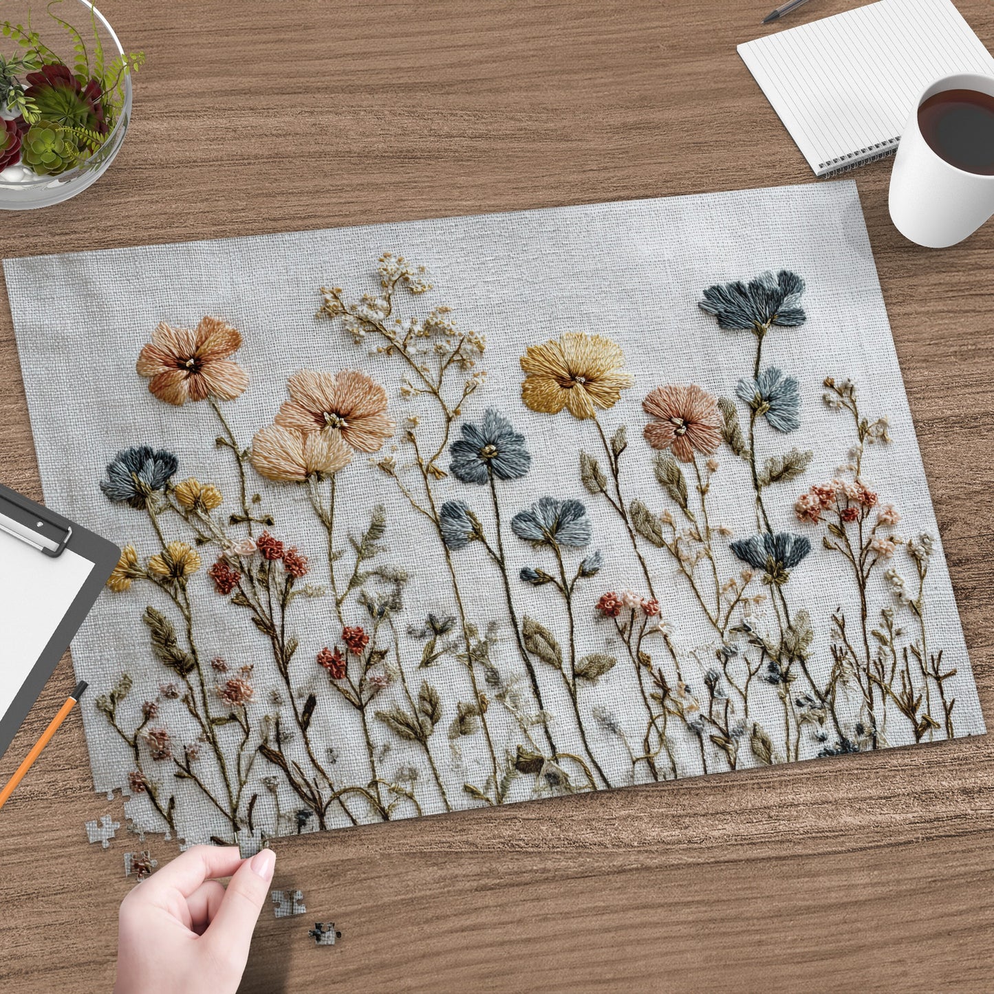 Embroidery of wildflowers on linen fabric, with puzzle pieces being assembled.