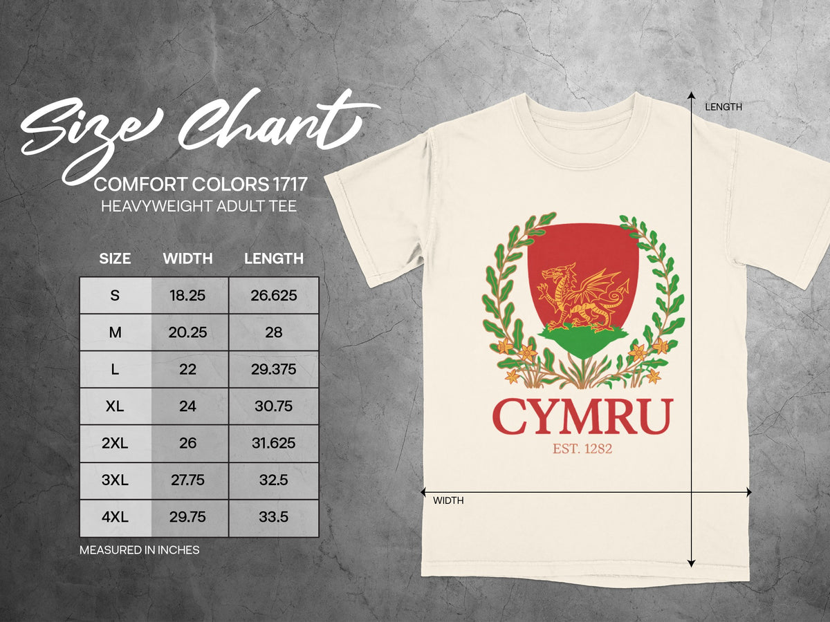 Size chart for Comfort Colors 1717 heavyweight adult tee with Cymru logo.