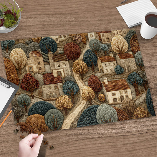 Handcrafted Autumn Village Landscape Puzzle