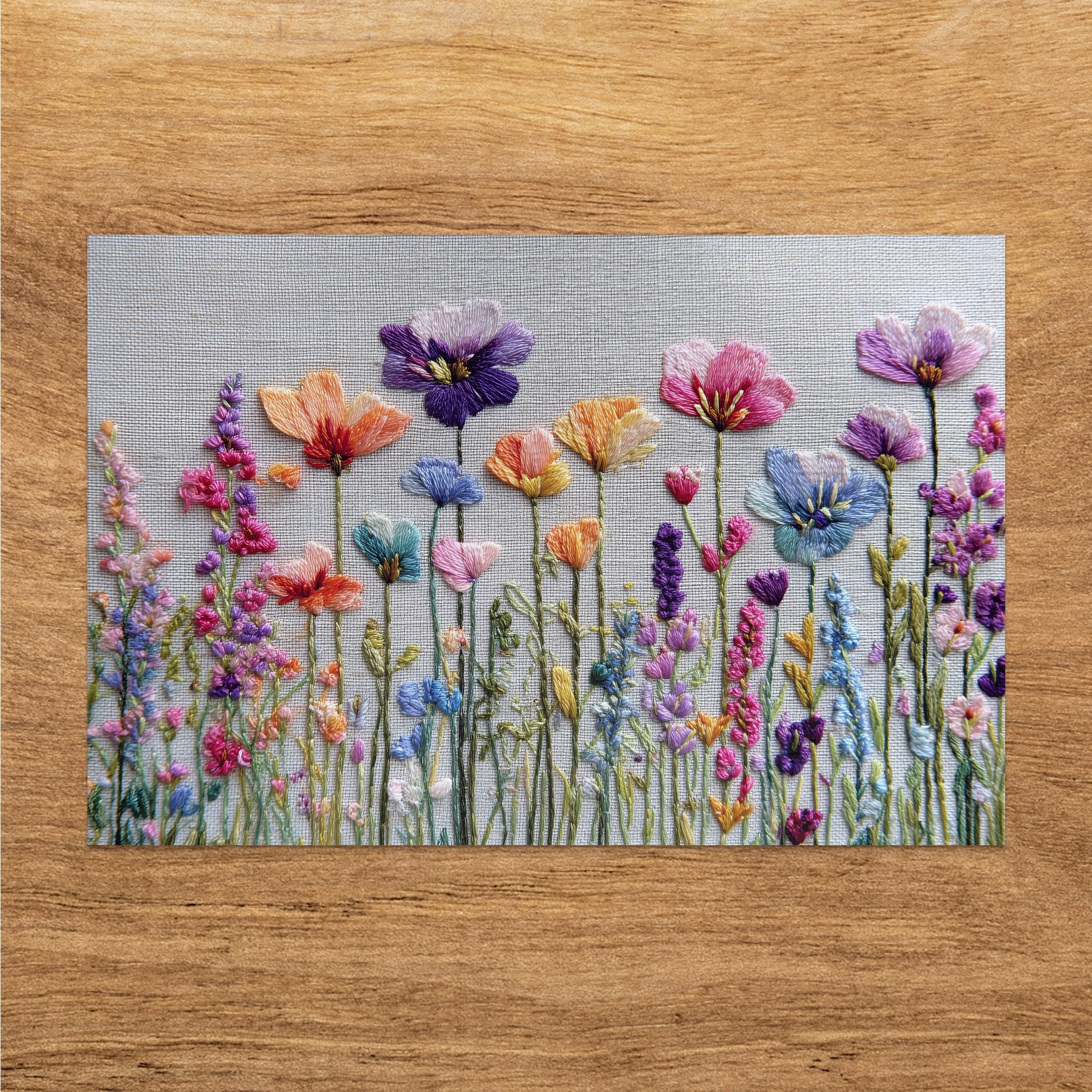 Embroidery of colorful wildflowers on linen fabric, centered on a wooden background.