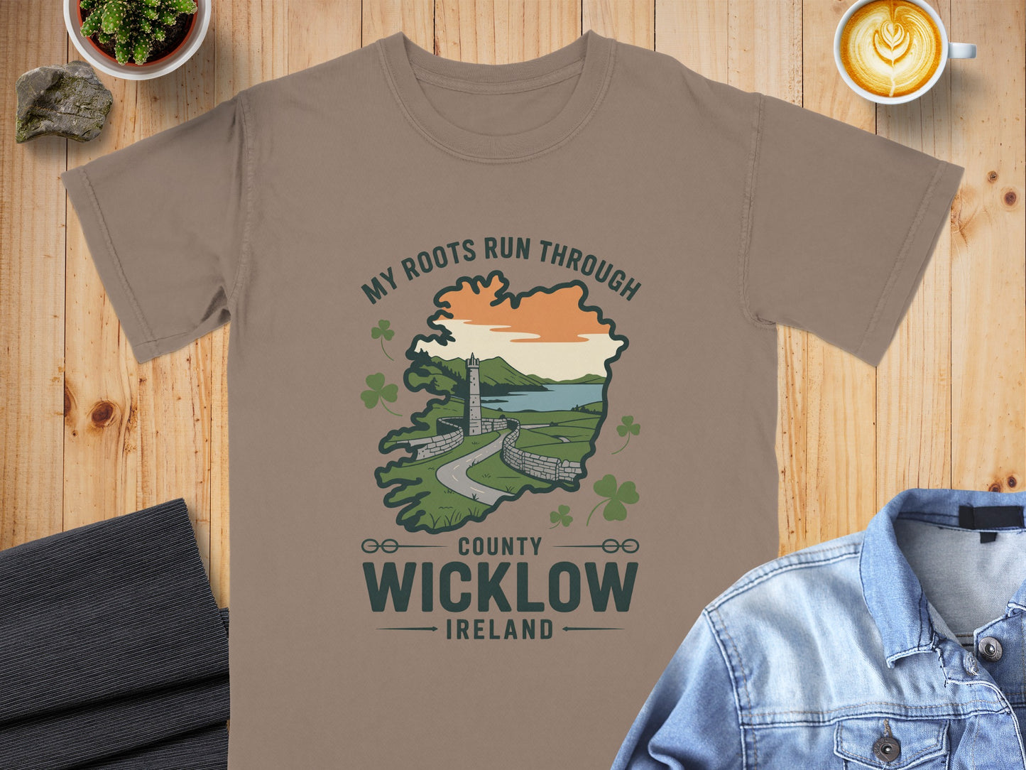 T-shirt with "My Roots Run Through County Wicklow Ireland" text and Irish landscape illustration.
