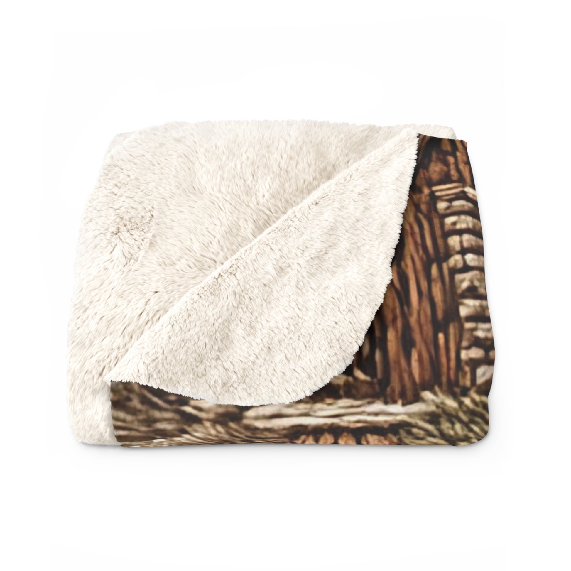 Embroidered Village cozy sherpa blanket — rustic cottagecore fleece throw, housewarming gift, living room decor