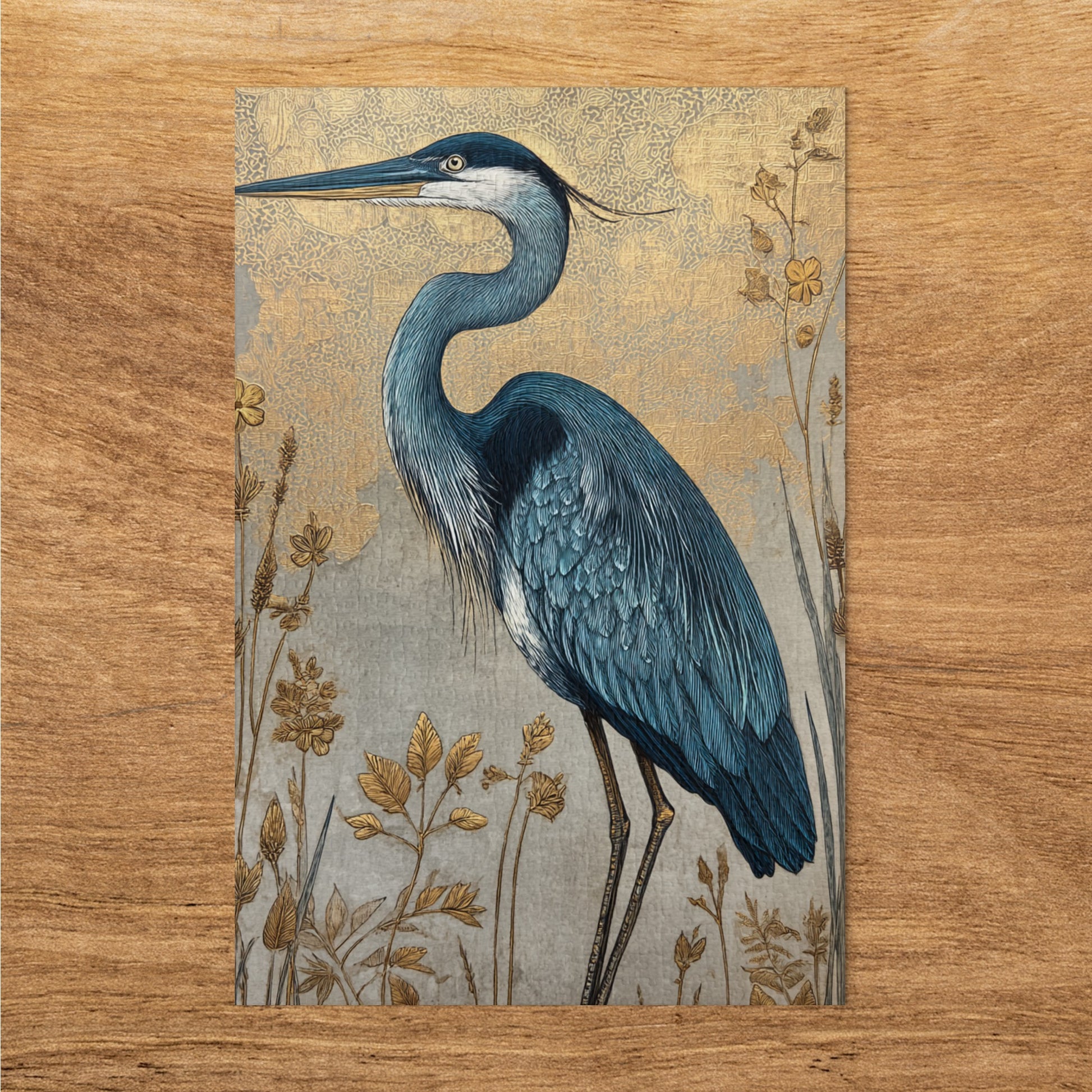 Elegant Blue Heron Art Print with Golden Floral Design