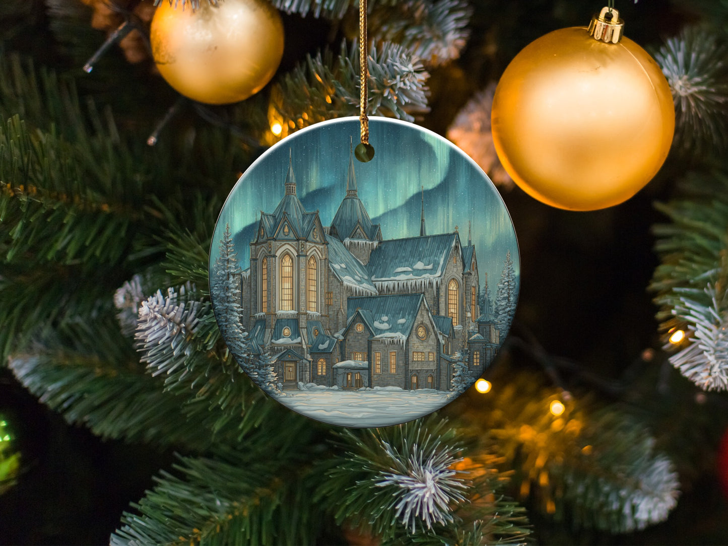 Festive Church Scene on Christmas Tree Ornament