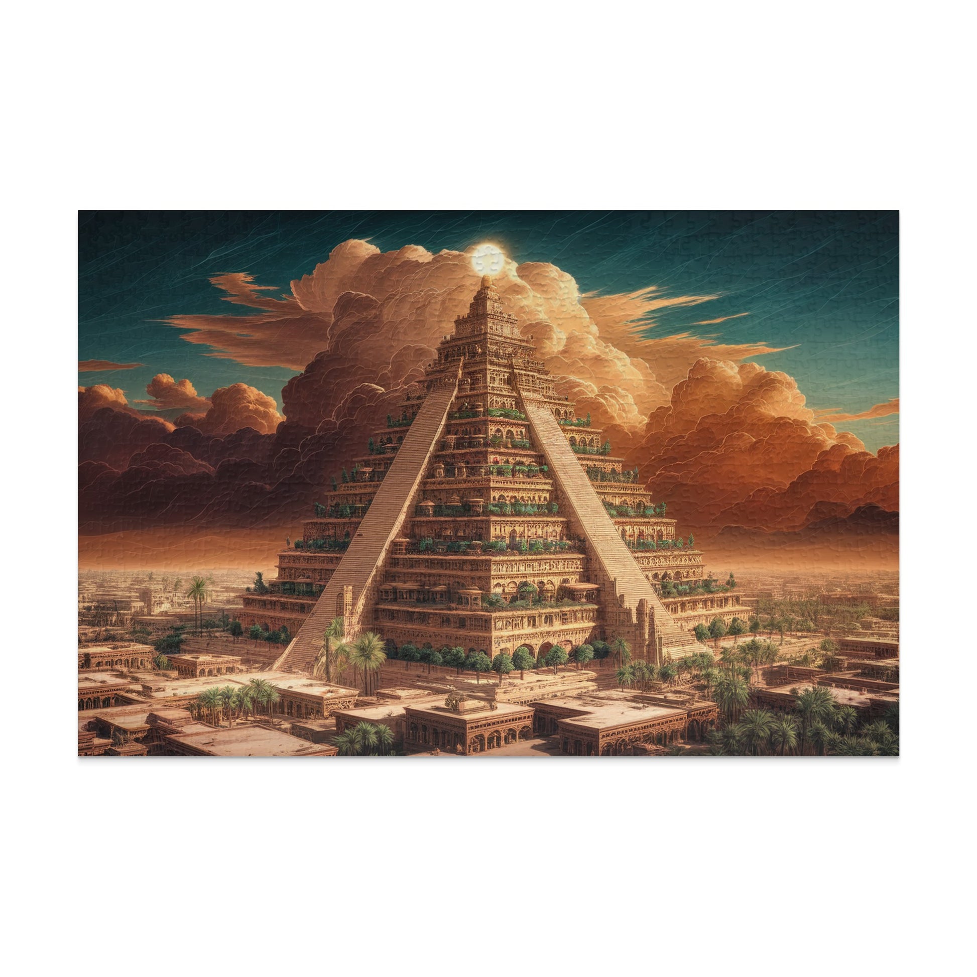 Ziggurat temple with sun and clouds overhead.