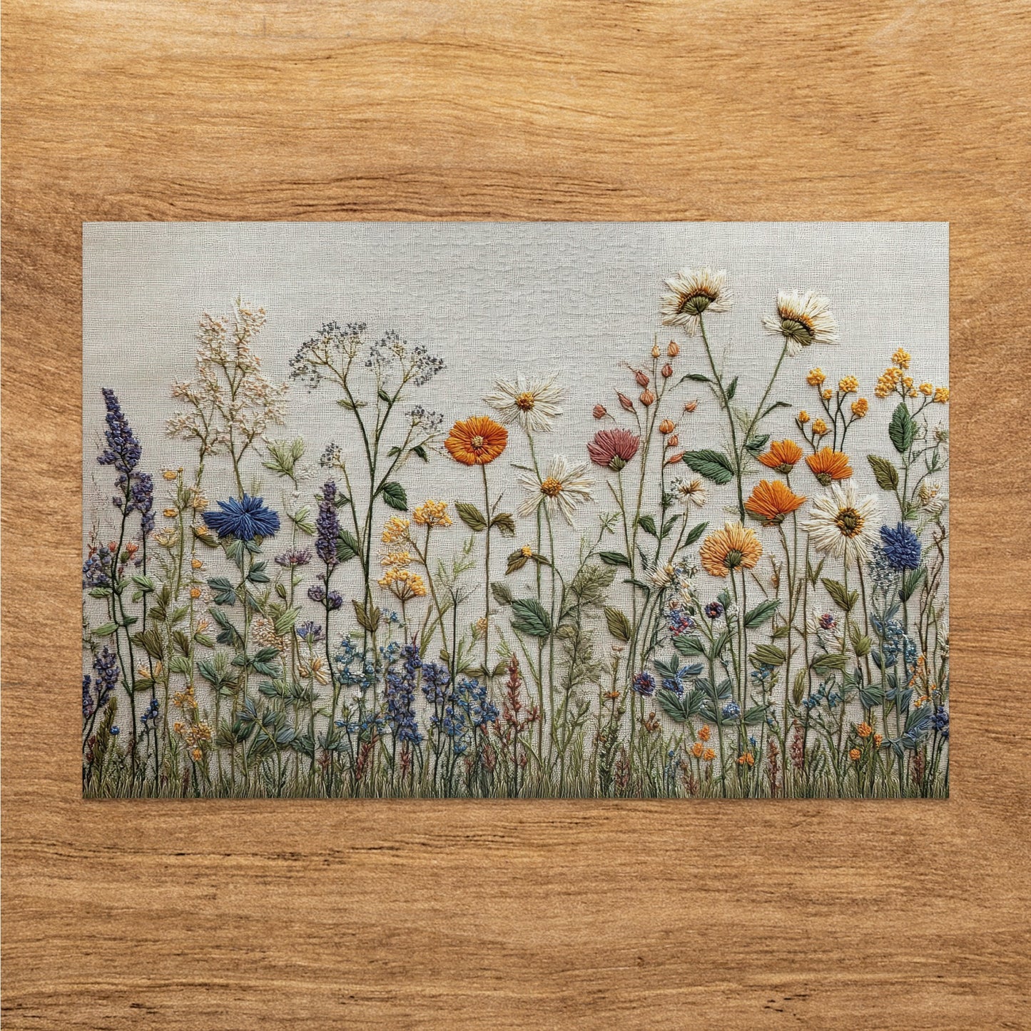 Embroidery of diverse wildflowers on textured linen fabric.