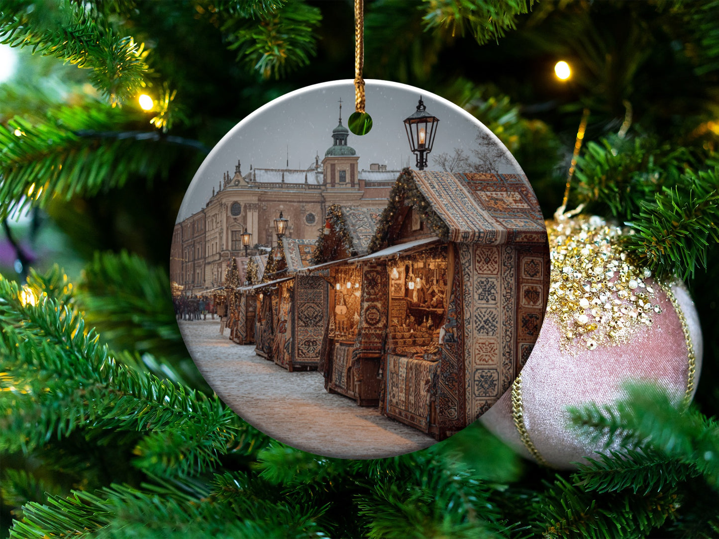 Beautiful Holiday Market Scene Christmas Ornament