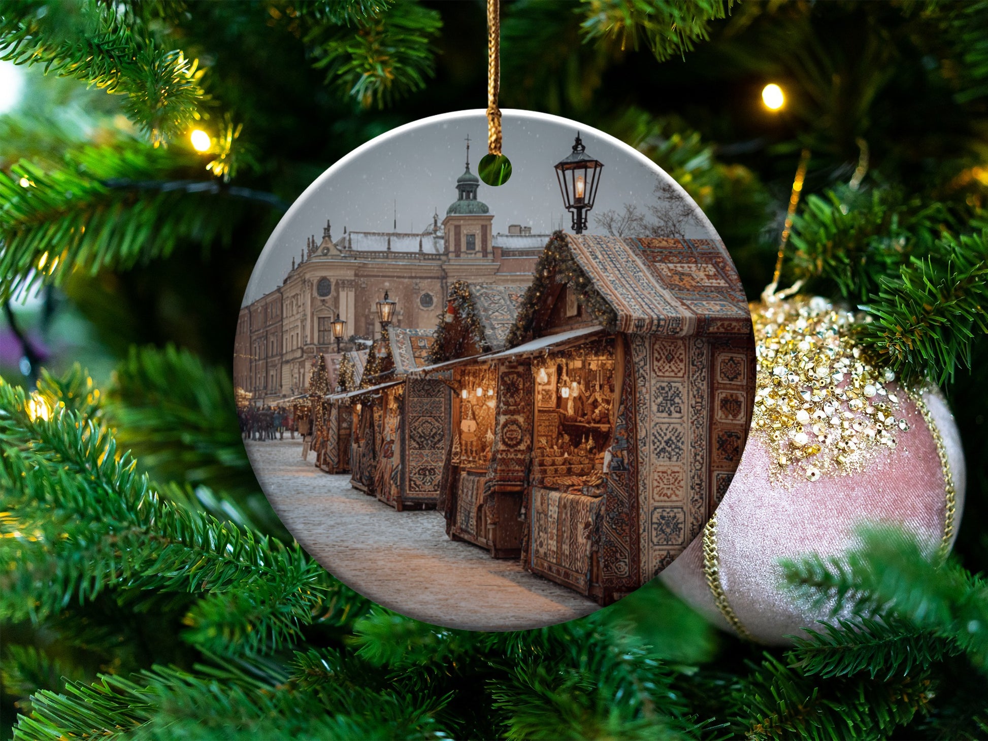 Beautiful Holiday Market Scene Christmas Ornament
