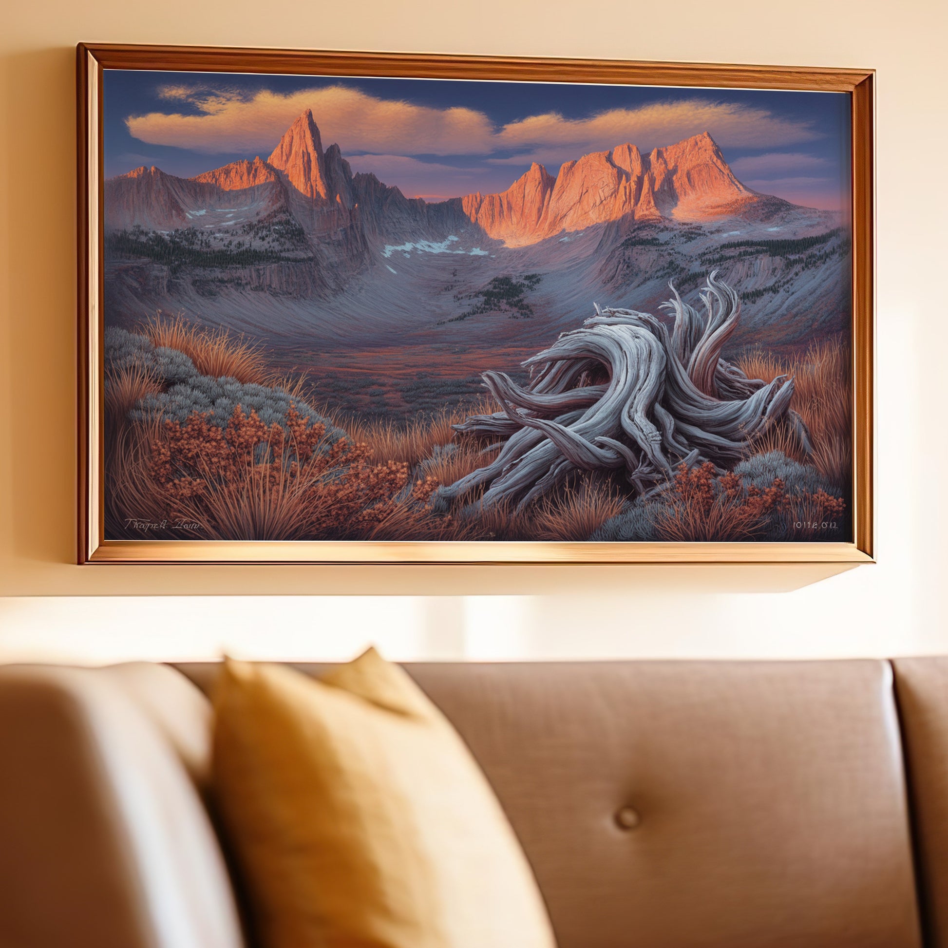 Painting of rugged mountains at sunset with a twisted tree trunk in the foreground.