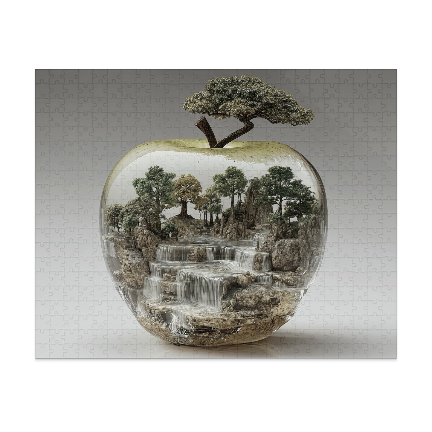 Glass apple containing a miniature waterfall landscape with trees.