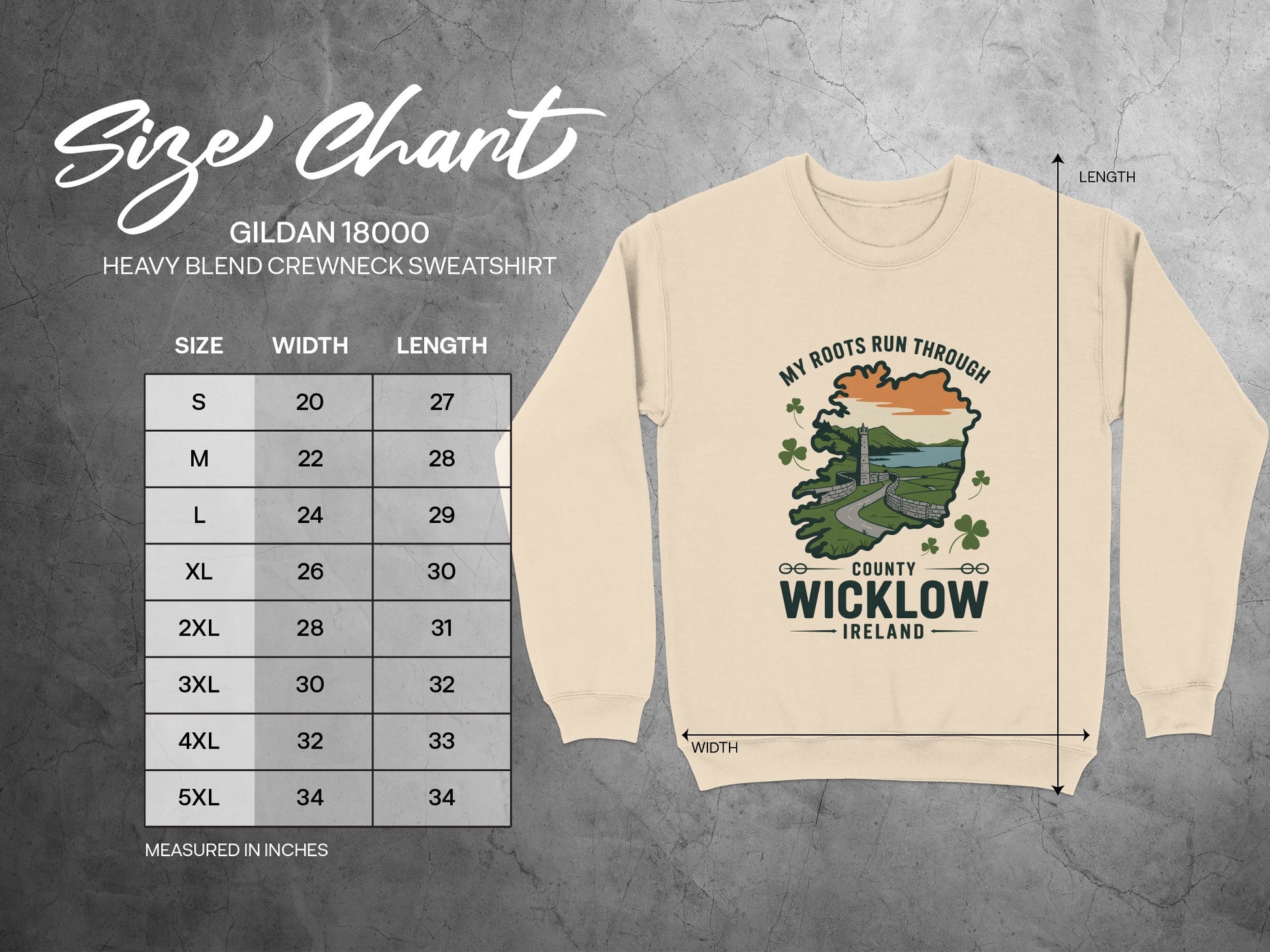 Size chart for Gildan 18000 Heavy Blend sweatshirt with width and length in inches.