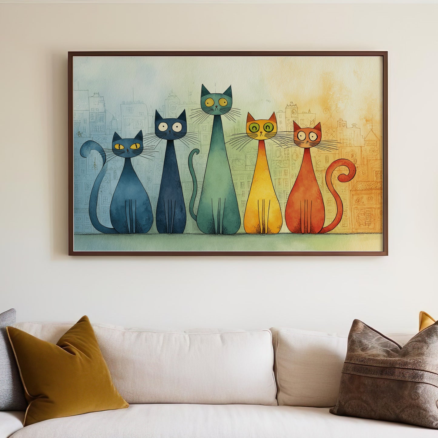 Five colorful cartoon cats sit in a line above a city skyline.