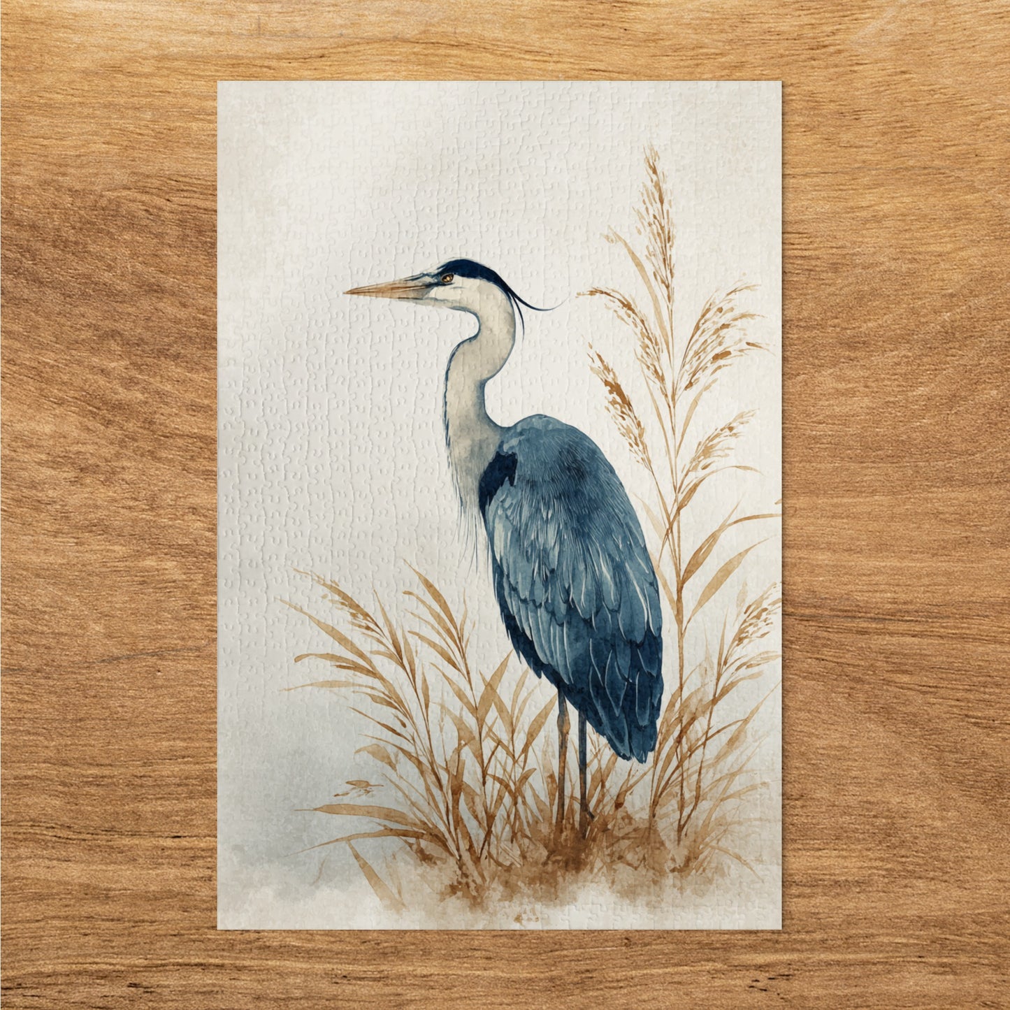 Elegant Heron Artwork on Rustic Wooden Background Puzzle