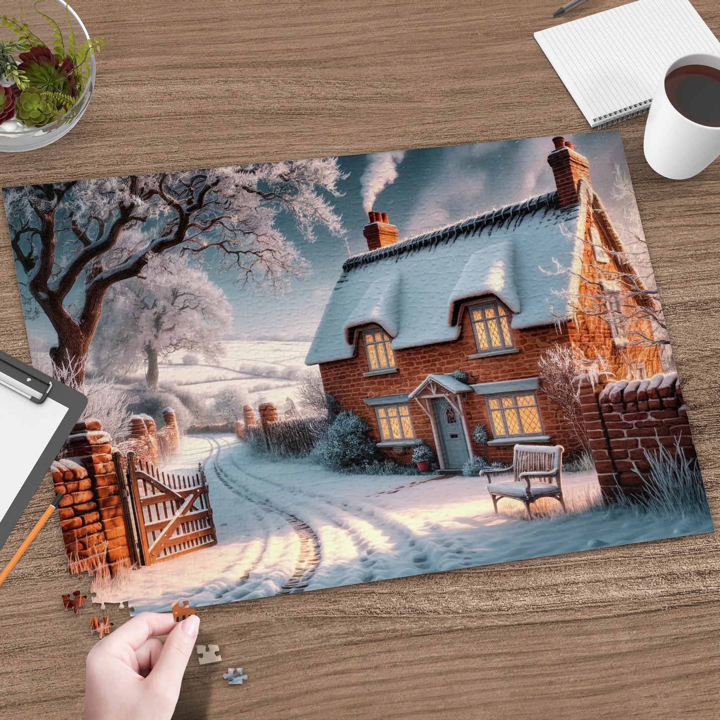 Cozy cottage puzzle with a snow-covered thatched roof and warm windows.