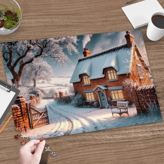 Cozy cottage puzzle with a snow-covered thatched roof and warm windows.