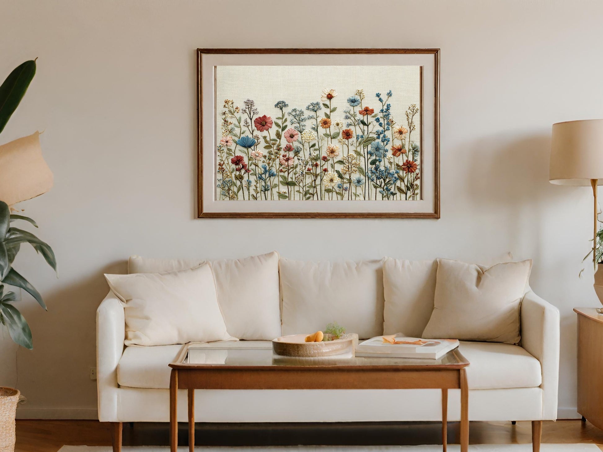 Framed botanical print of colorful wildflowers above a white sofa and coffee table.