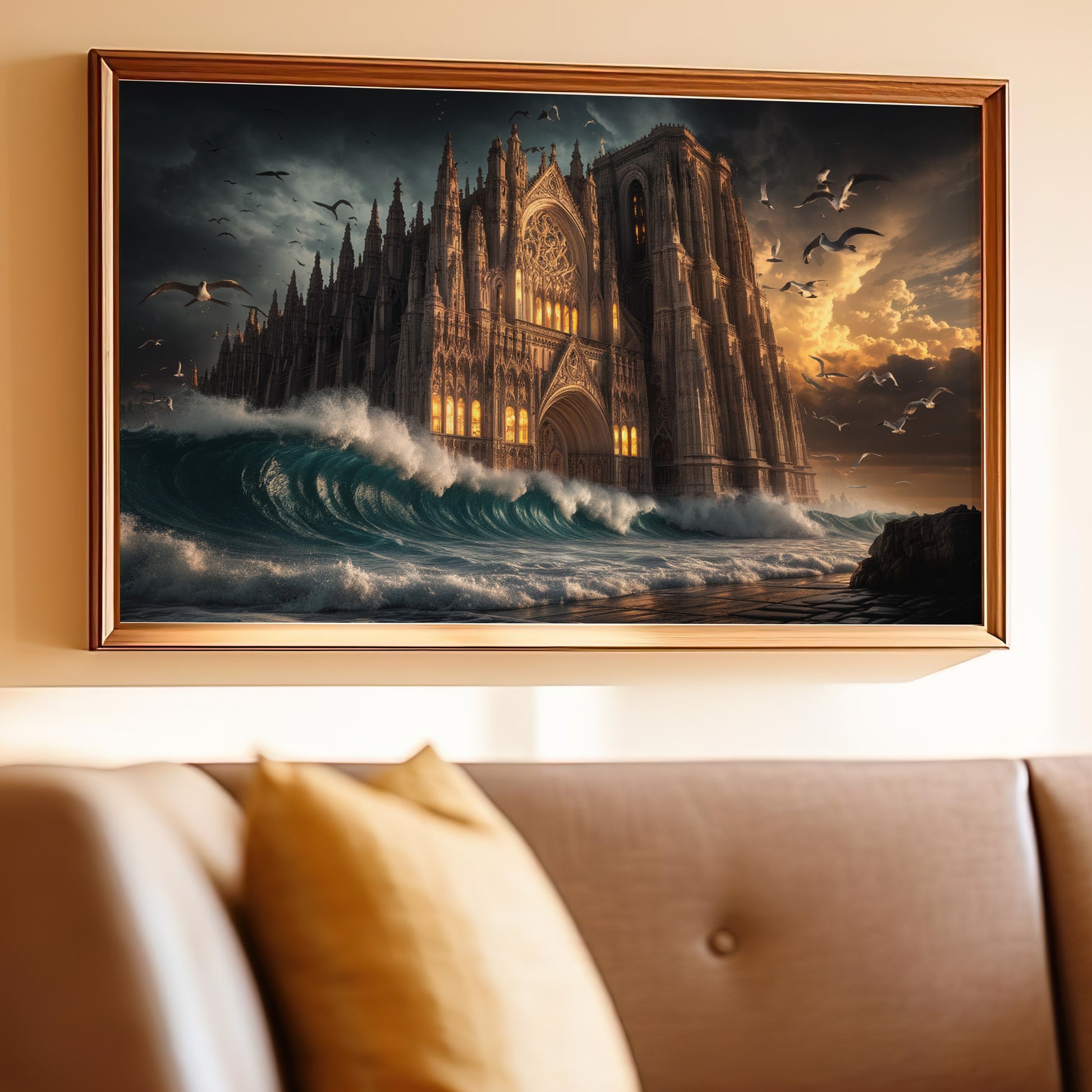 Gothic cathedral with dramatic waves and birds against a stormy sky.