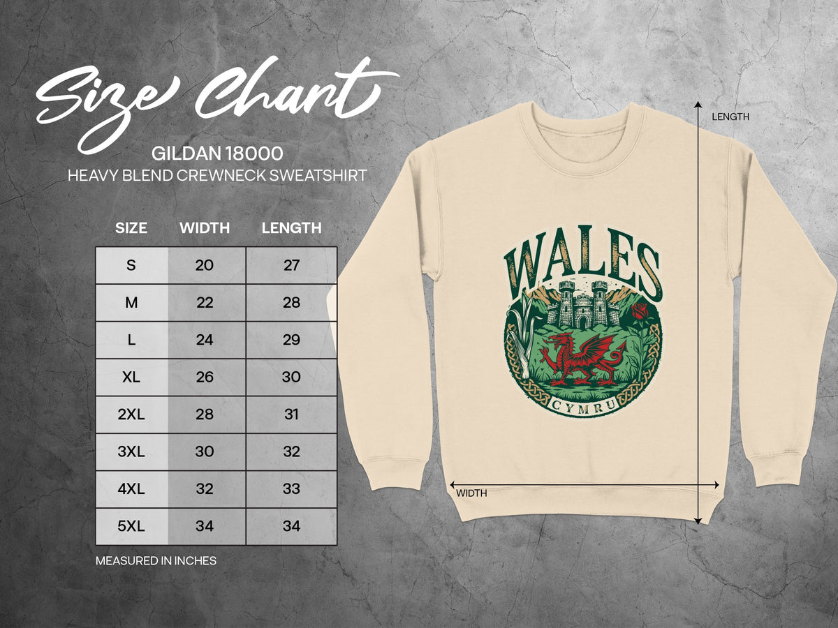 Gildan 18000 sweatshirt size chart with measurements in inches.